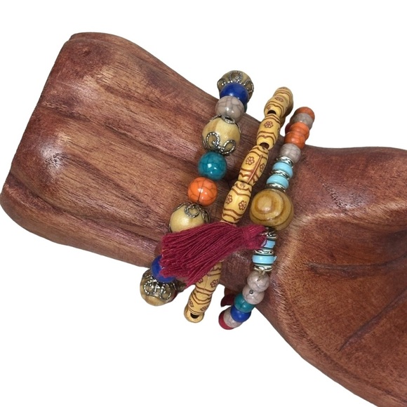 Bohemian Multicolour Beaded Elasticized Bracelets Set of 3 - Picture 2 of 6